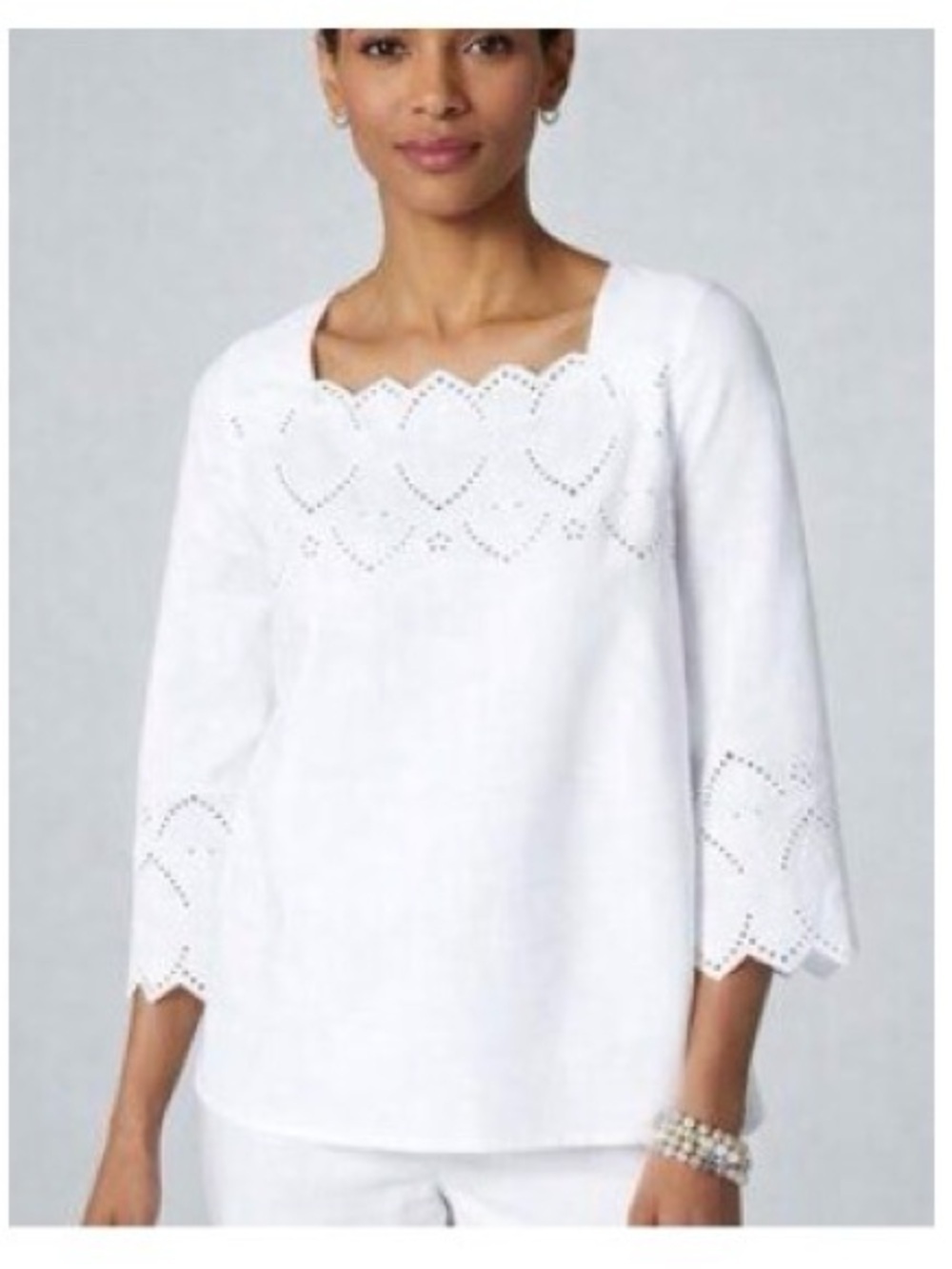 EUC J. Jill White 100% Cotton Eyelet Square-Neck Tunic Top Size Small